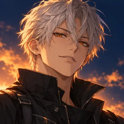 An original silver-haired character in warm evening light.