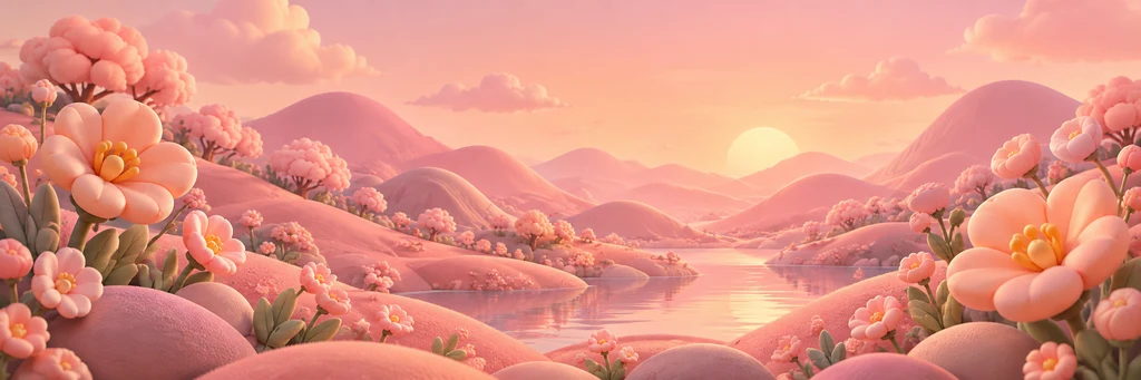 Peach flowers and pink hills beneath a soft blush sky.