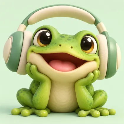 A tiny smiling frog wearing oversized headphones.