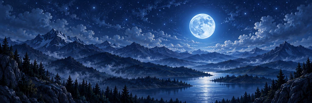 A blue moon above layers of midnight mountains.
