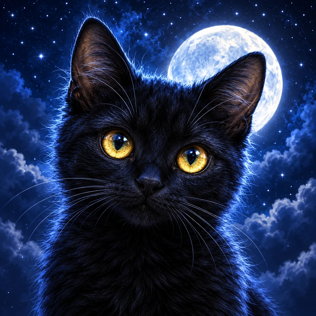 A black cat with golden eyes under a cobalt-blue night sky.