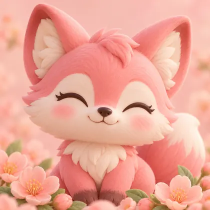 A smiling pink fox in a soft peach and blush palette.