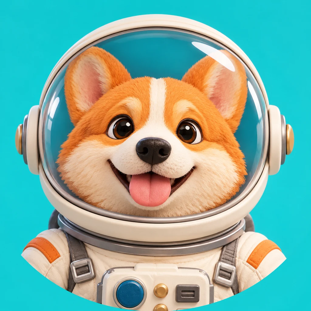 A cheerful corgi astronaut in a round helmet against a turquoise backdrop.