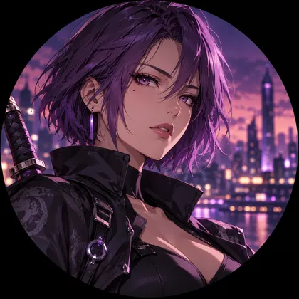 An original violet-haired samurai against a twilight city.