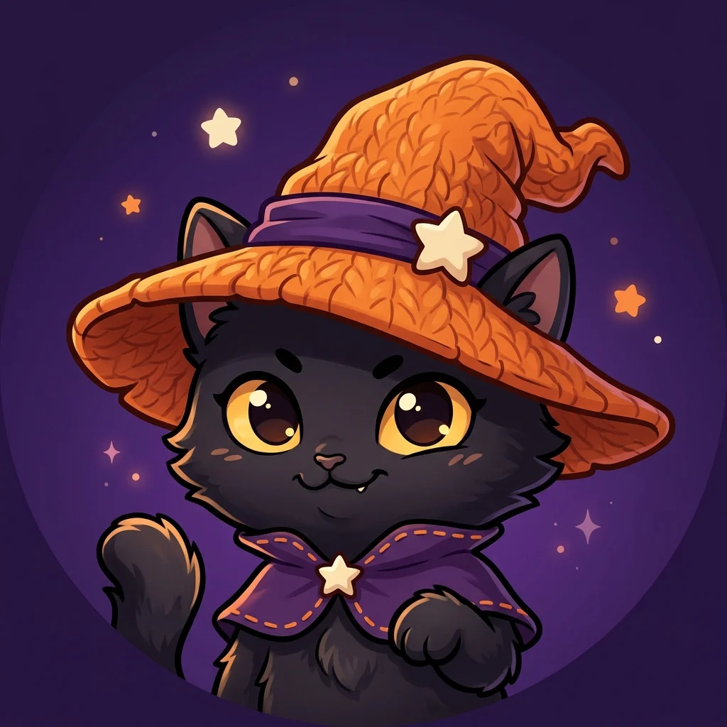 A cute black cat wearing an orange knit witch hat and stitched purple capelet with a star clasp, framed inside a starry circular vignette.