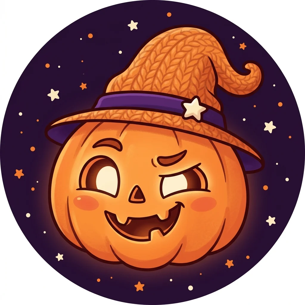 A winking jack-o'-lantern in an orange knit witch hat with star pin, framed inside a neat circular avatar badge with starry purple background.