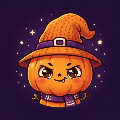A playful pumpkin character sticking out its tongue, wearing a cozy patterned purple knit scarf and an orange buckled witch hat amid twinkling stars.