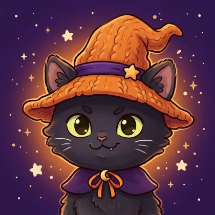 A cute black cat with vibrant green eyes wearing an orange knit witch hat and purple capelet fastened with an orange bow and crescent moon brooch.