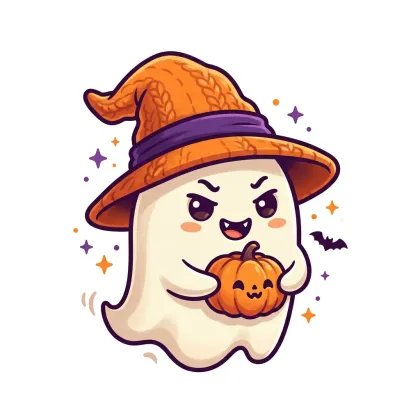 A spirited white ghost with tiny fangs wearing an orange witch hat, holding a mini smiling pumpkin on a white background with a flying bat.