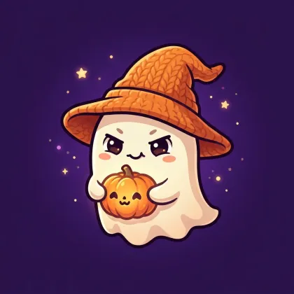 A smirking white ghost wearing an orange knitted witch hat, holding a cute smiling pumpkin against a deep purple background filled with stars.