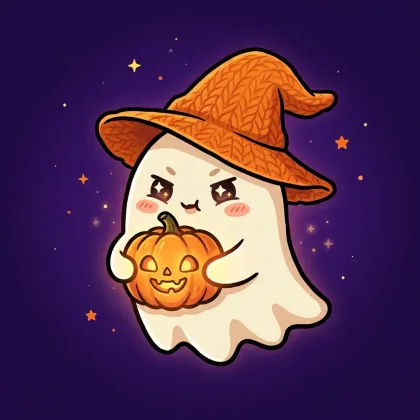 A cute white ghost with blushing cheeks wearing an orange knit witch hat, holding a brightly glowing jack-o'-lantern against a starry purple night.