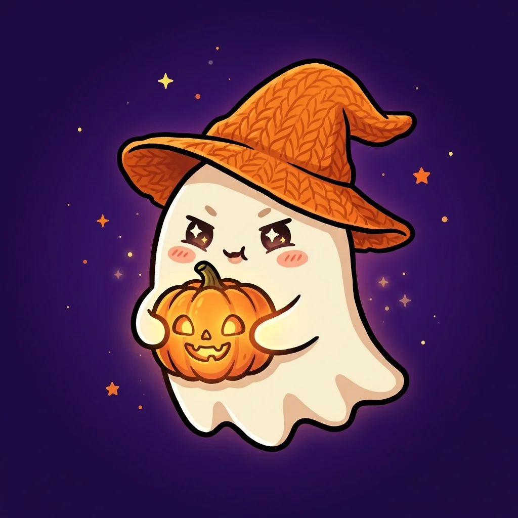 A cute white ghost with blushing cheeks wearing an orange knit witch hat, holding a brightly glowing jack-o'-lantern against a starry purple night.