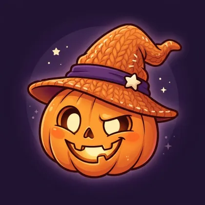 A blushing jack-o'-lantern character wearing an orange knit witch hat with a purple band and star badge, set within a glowing purple spotlight.