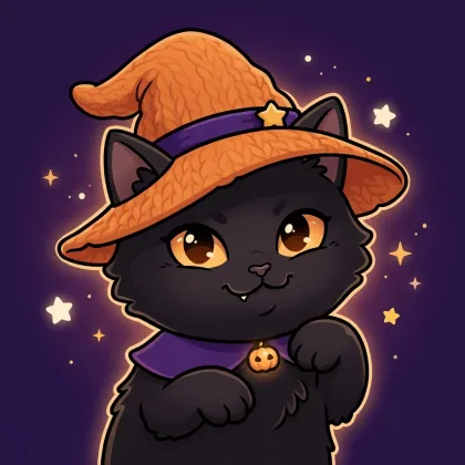 A cute black kitten with glowing amber eyes wearing an orange knit witch hat, purple collar with a glowing pumpkin bell, and raised playful paws.