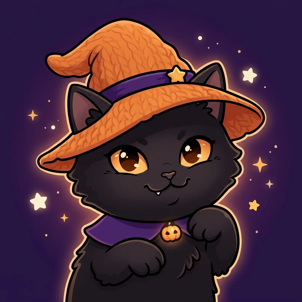 A cute black kitten with glowing amber eyes wearing an orange knit witch hat, purple collar with a glowing pumpkin bell, and raised playful paws.