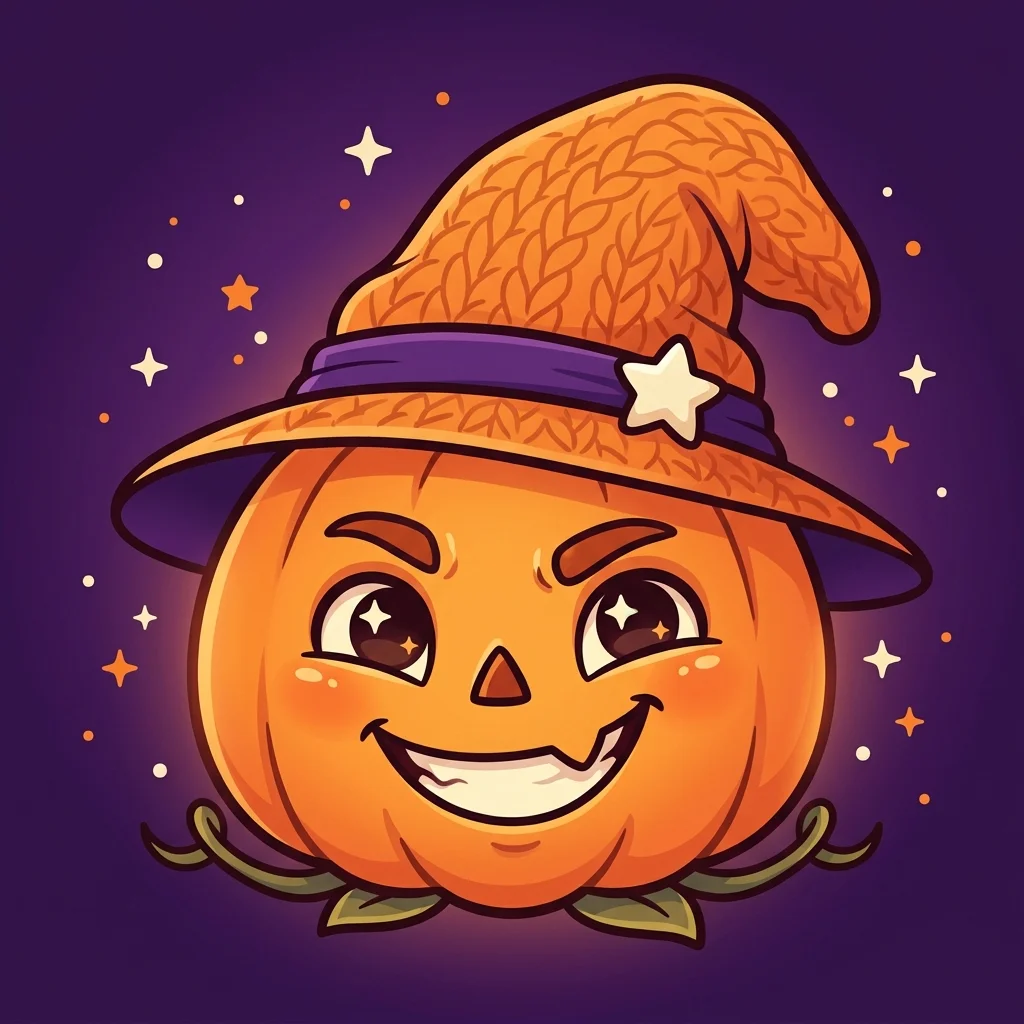 A cute jack-o'-lantern with large sparkling anime eyes and a leafy vine collar, wearing an orange knit witch hat adorned with a white star badge.