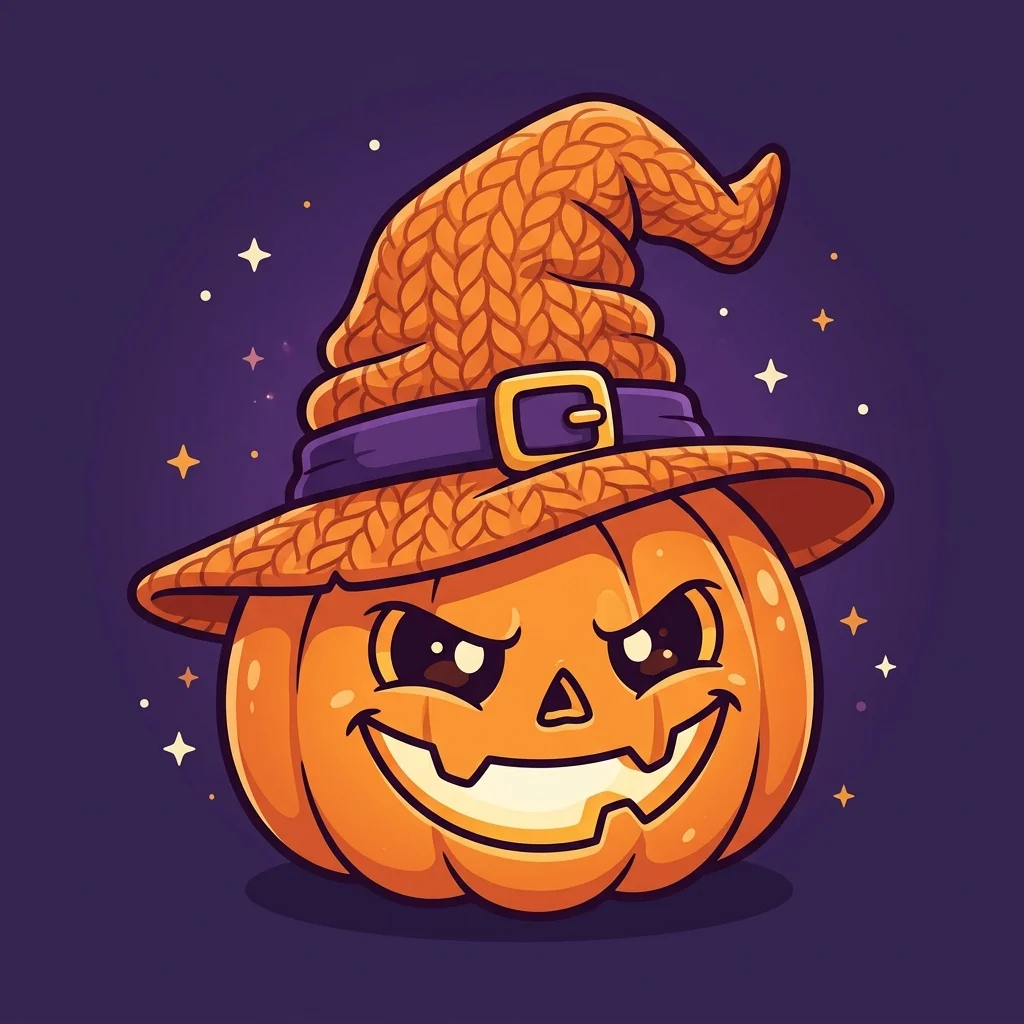 A cheerful jack-o'-lantern wearing an orange knitted witch hat with a purple belt and golden buckle, glowing warmly against a purple starry sky.