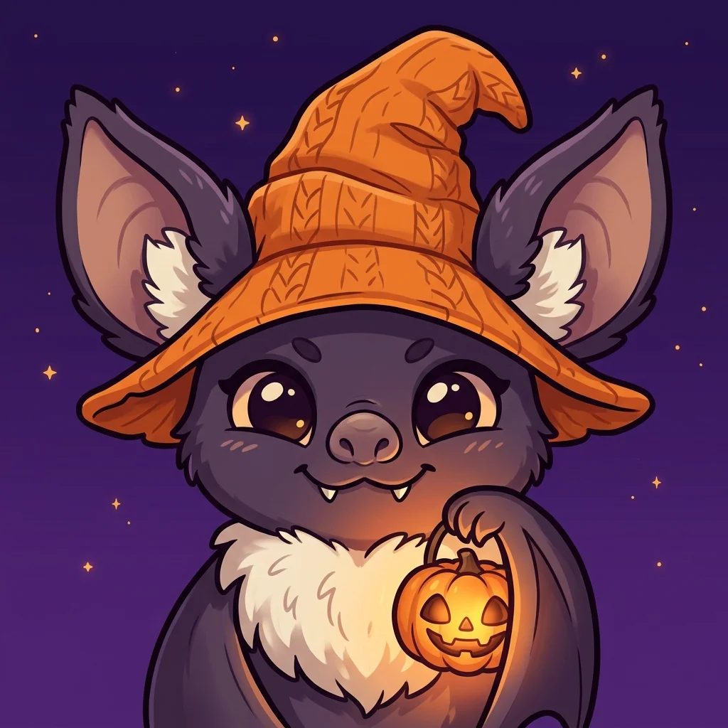 A sweet baby bat wearing an orange knitted witch hat and white chest fluff, holding a glowing carved pumpkin lantern in front of a starry night.