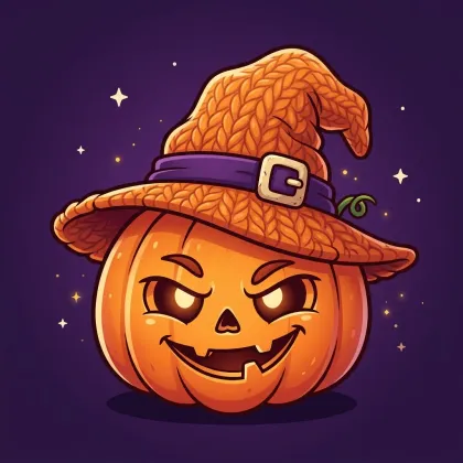 A mischievous glowing jack-o'-lantern wearing an orange knit witch hat with a purple belt and silver buckle, complete with a curling green stem.