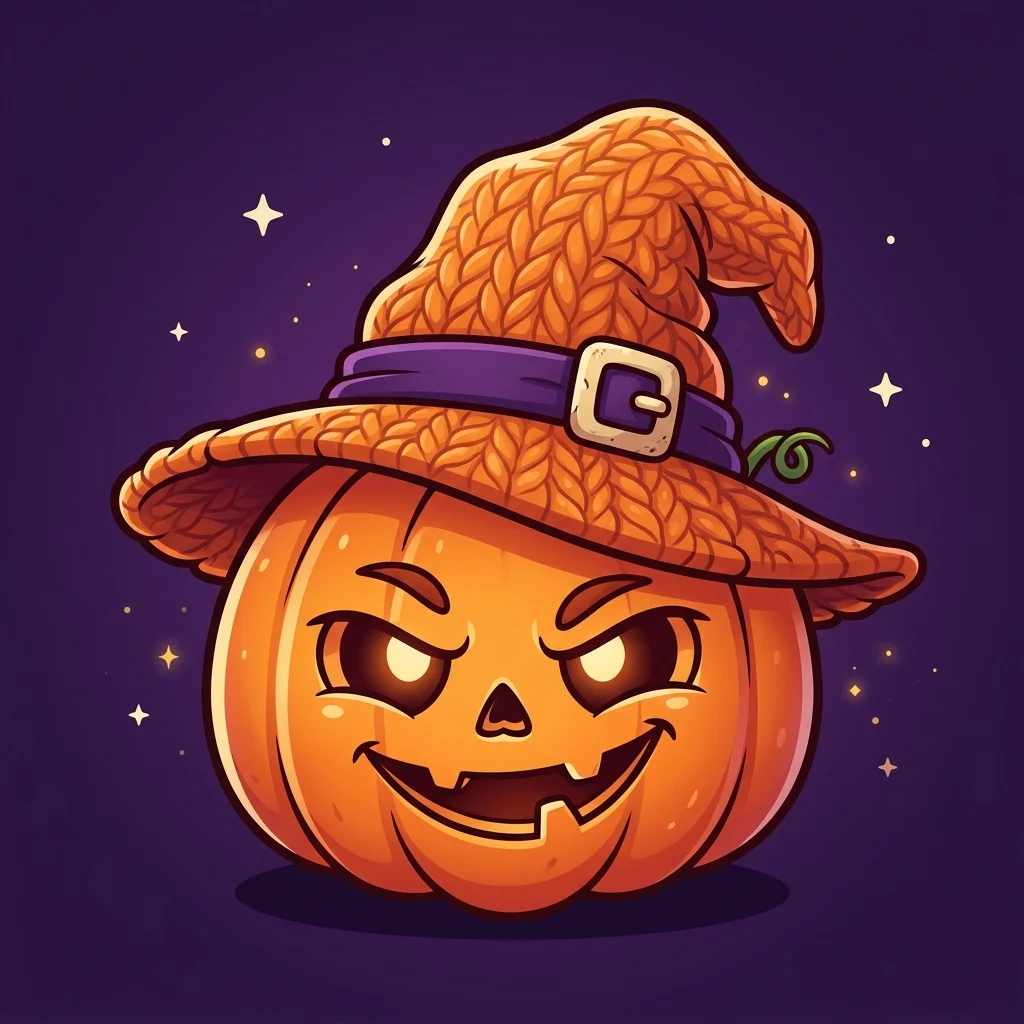 A mischievous glowing jack-o'-lantern wearing an orange knit witch hat with a purple belt and silver buckle, complete with a curling green stem.