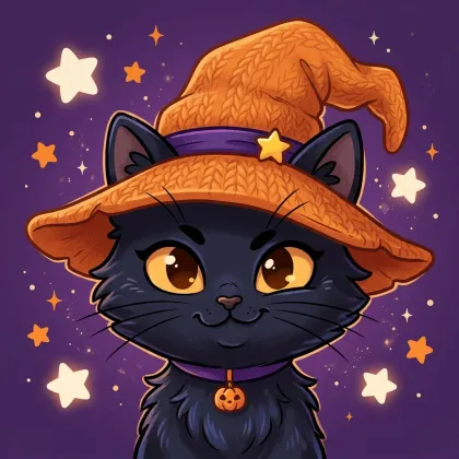 A fluffy black cat portrait featuring bright amber eyes, long whiskers, an orange knit witch hat with a star accent, and a purple pumpkin collar.