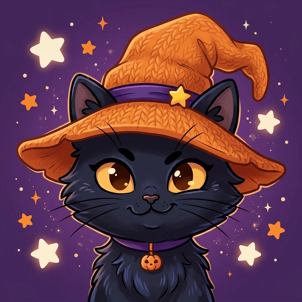 A fluffy black cat portrait featuring bright amber eyes, long whiskers, an orange knit witch hat with a star accent, and a purple pumpkin collar.