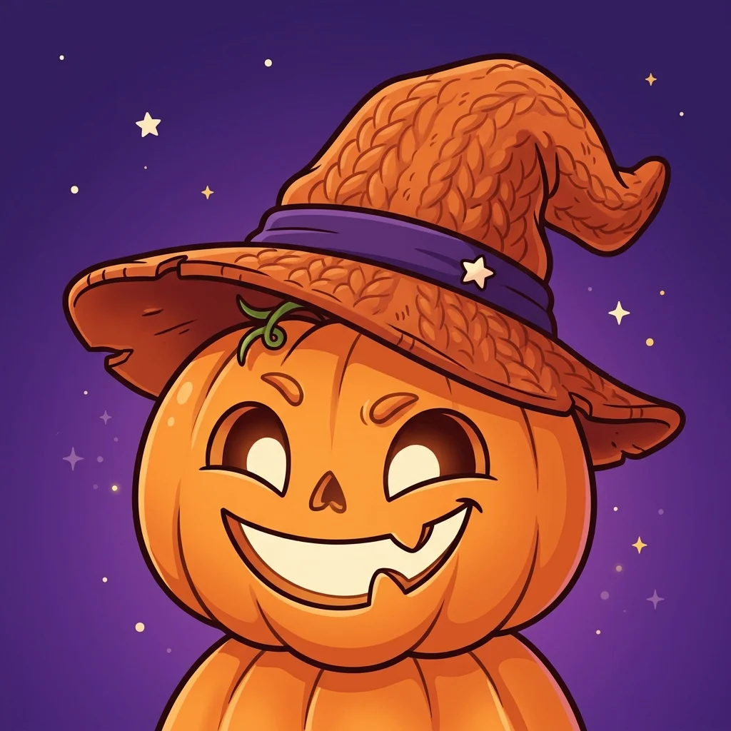 A smiling jack-o'-lantern character wearing an orange knit witch hat with a purple band and star badge, featuring a green vine tendril on purple sky.