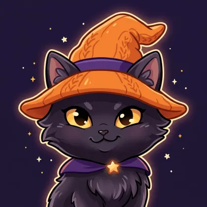 A black cat witch wearing an orange knit hat and purple capelet highlighted by a glowing golden star pendant against a twinkling violet sky.