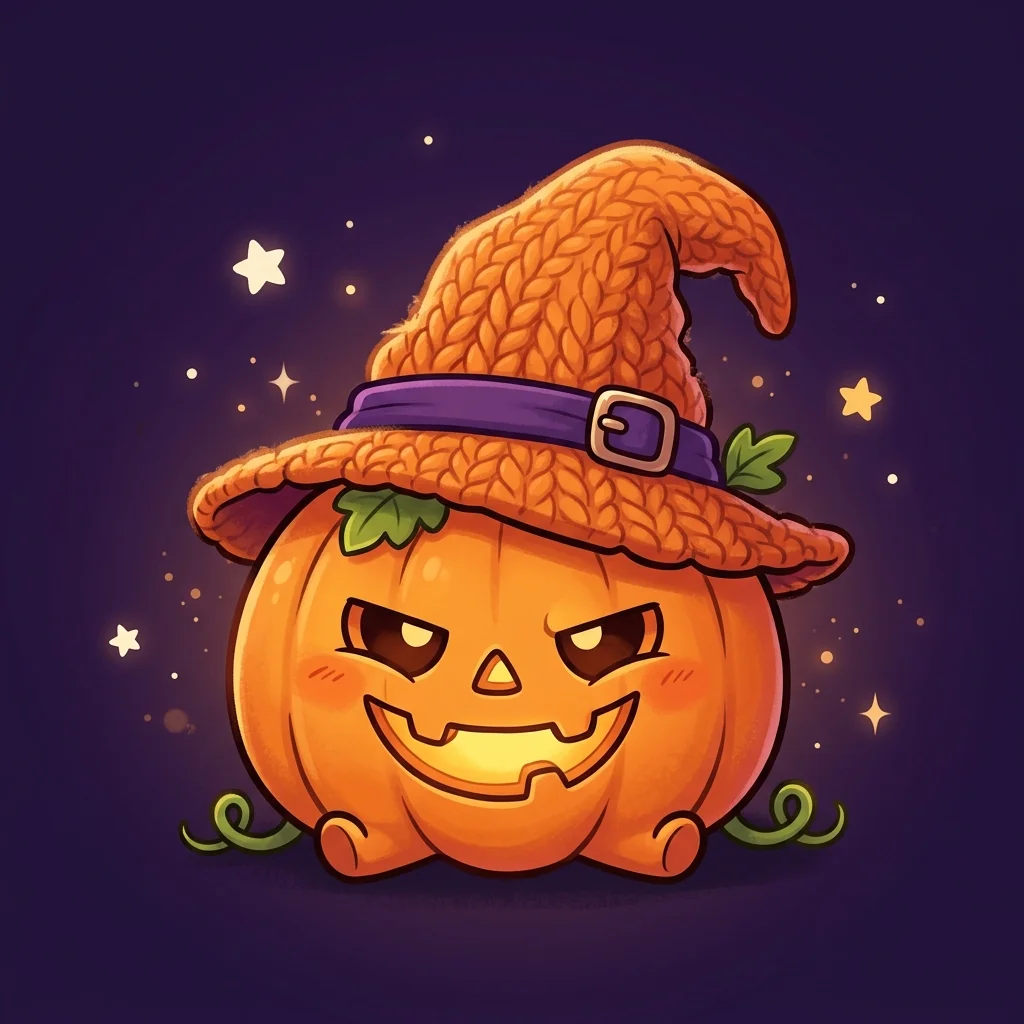An adorable pumpkin character with tiny feet and curling vines, wearing an orange knit witch hat with a buckled purple band against purple skies.
