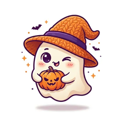 A playful winking ghost wearing an orange witch hat with purple ribbon, holding a carved pumpkin against a clean white background with bats and stars.