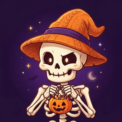A cute skeleton holding a pumpkin candy bucket with both hands, wearing an orange witch hat under a crescent moon with a bat in the night sky.