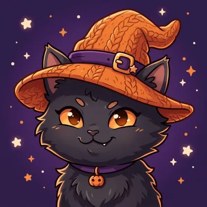 A charming black cat wearing an orange knit witch hat with a buckled purple band and a purple collar adorned with a tiny pumpkin bell.