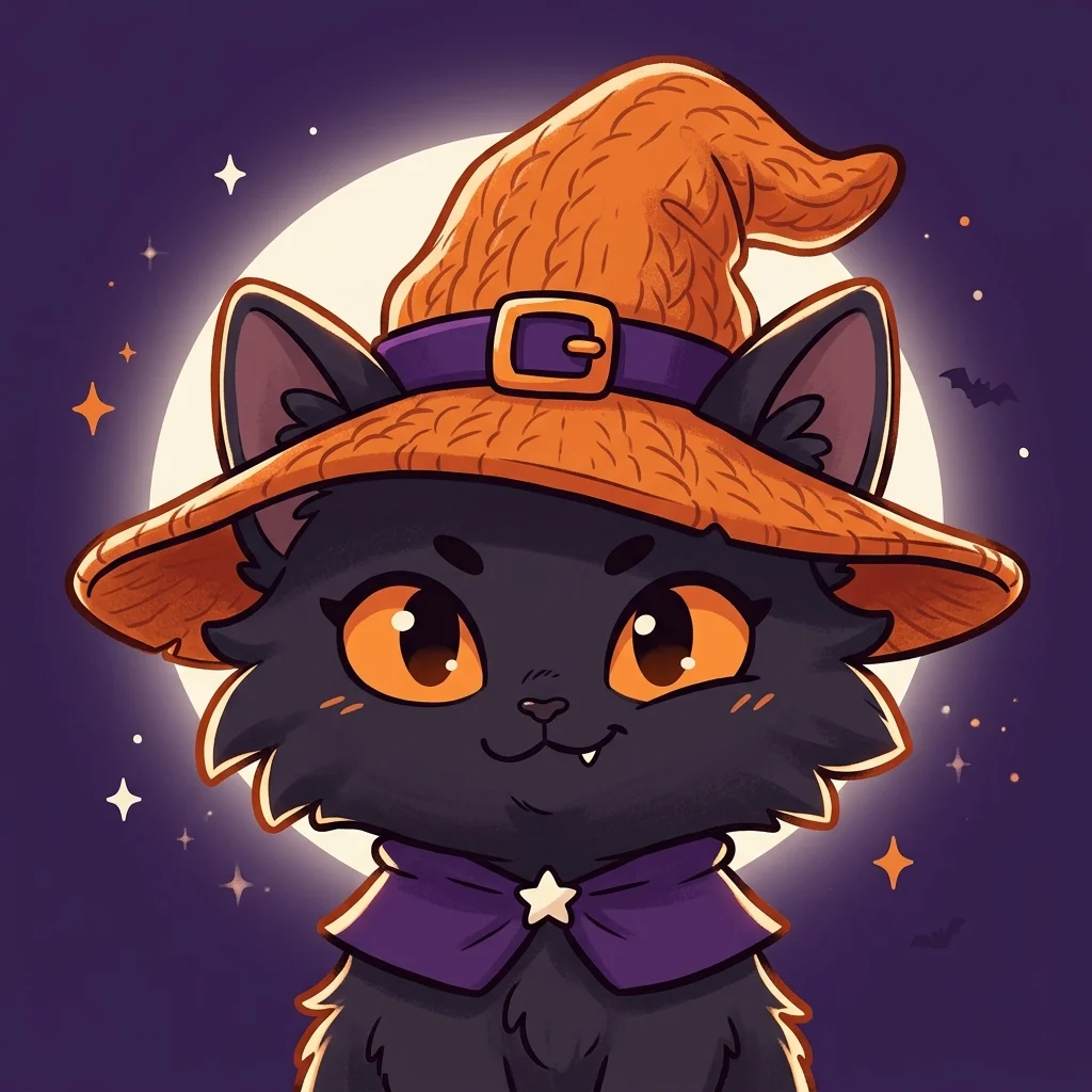 A black cat wearing an orange buckled witch hat and purple star collar, posed against a luminous full moon and flying bat silhouettes.