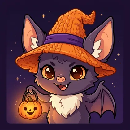 A cheerful baby bat wearing an orange knit witch hat with a purple band, smiling playfully and holding a glowing jack-o'-lantern under starry skies.