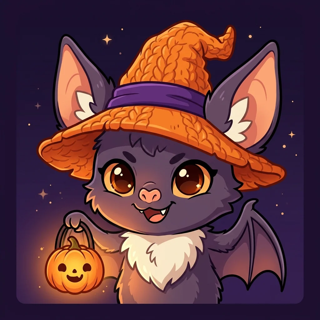 A cheerful baby bat wearing an orange knit witch hat with a purple band, smiling playfully and holding a glowing jack-o'-lantern under starry skies.