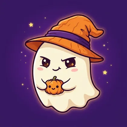 A cute white ghost with an illuminated outline wearing an orange witch hat, holding a small friendly pumpkin against a dark violet starry backdrop.