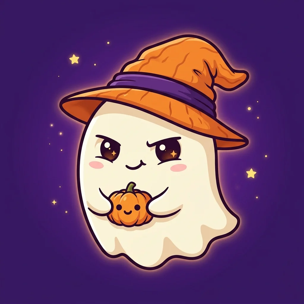 A cute white ghost with an illuminated outline wearing an orange witch hat, holding a small friendly pumpkin against a dark violet starry backdrop.