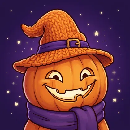 A friendly jack-o'-lantern wrapped in a cozy purple scarf and wearing an orange knit witch hat with a buckle, smiling under a starry purple sky.