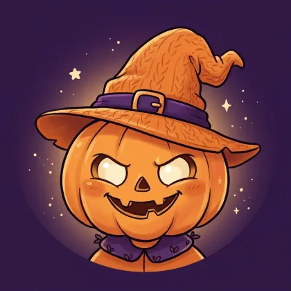 A grinning jack-o'-lantern wearing a decorative purple embroidered collar and an orange knit witch hat with buckle against a starry backdrop.