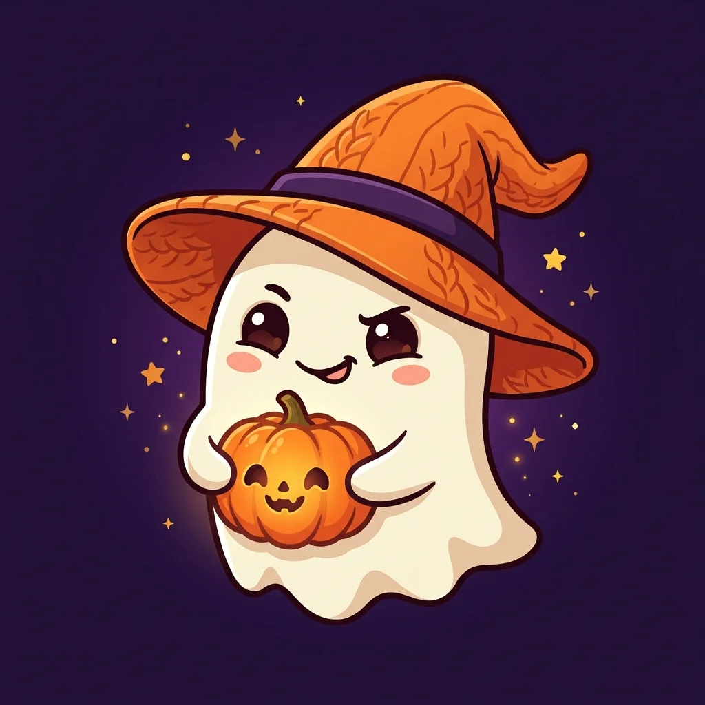 A cute white ghost with sparkling anime eyes wearing an orange witch hat with a purple band, clutching a smiling carved pumpkin under purple skies.