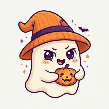 A mischievous ghost wearing an orange witch hat with a stitched patch, holding a glowing carved jack-o'-lantern on a white background with a bat.