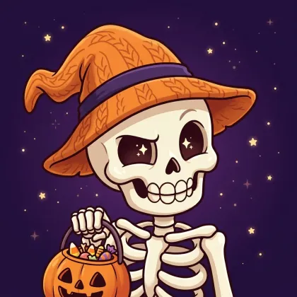 A friendly cartoon skeleton wearing an orange knit witch hat with purple band, holding a trick-or-treat pumpkin candy bucket in a starry purple night.