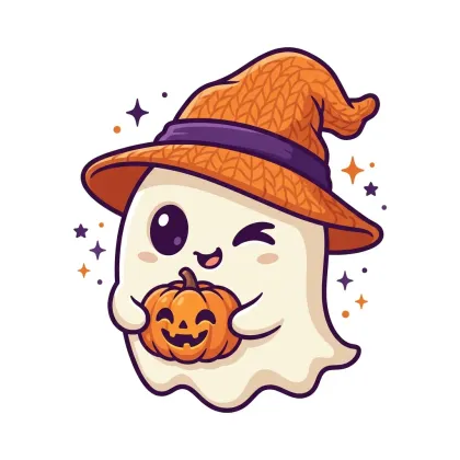 A cheerful winking white ghost in an orange witch hat holding a smiling carved pumpkin, floating on a white background with colorful stars.