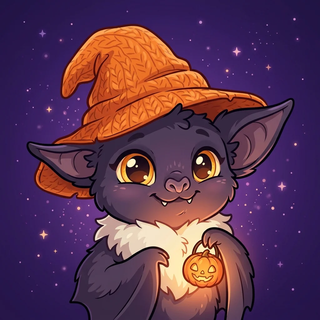 A cute baby bat wearing an orange knitted witch hat and fluffy white fur collar, holding a tiny glowing pumpkin lantern against a starry purple night.