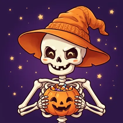 A happy skeleton with blushing cheekbones wearing a solid orange knit witch hat, holding a pumpkin bucket filled to the brim with Halloween candy.